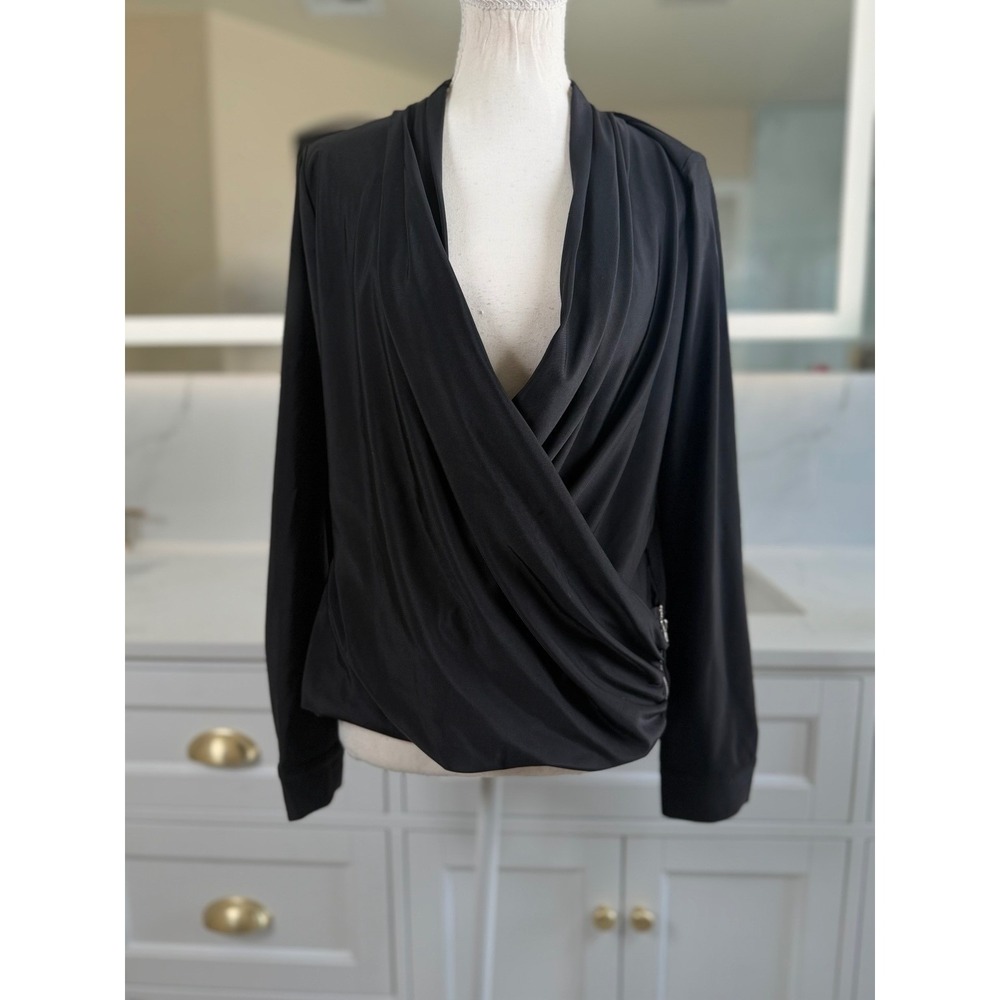 ZEAGOO Wrap Blouse Womens Small Black Surplice Side Zipper Draped V-Neck Top